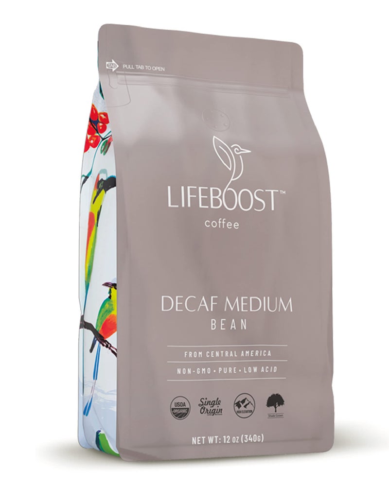 Lifeboost Medium Roast Decaf Coffee Beans â€“ Organic Low Acid Swiss Water Decaf â€“ Whole Bean Coffee â€“ Third Party Tested for Mycotoxins & Pesticides â€“ Chemical Free â€“ 12 oz - Image 1